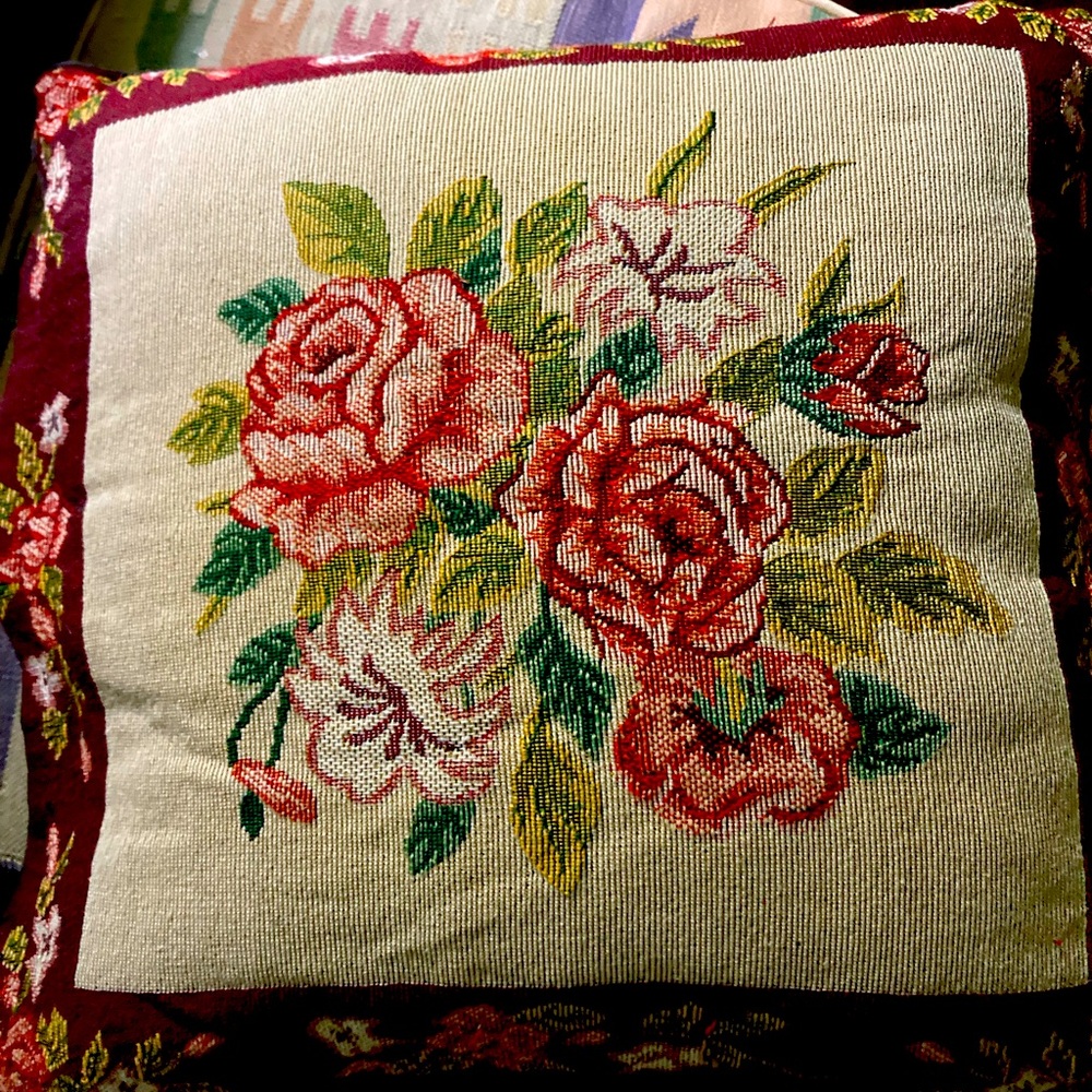 Embroidered rose pillow hand made vintage